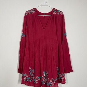 Free‎ People Dress Women S Red Embroidery Babydoll Long Sleeve Boho Western